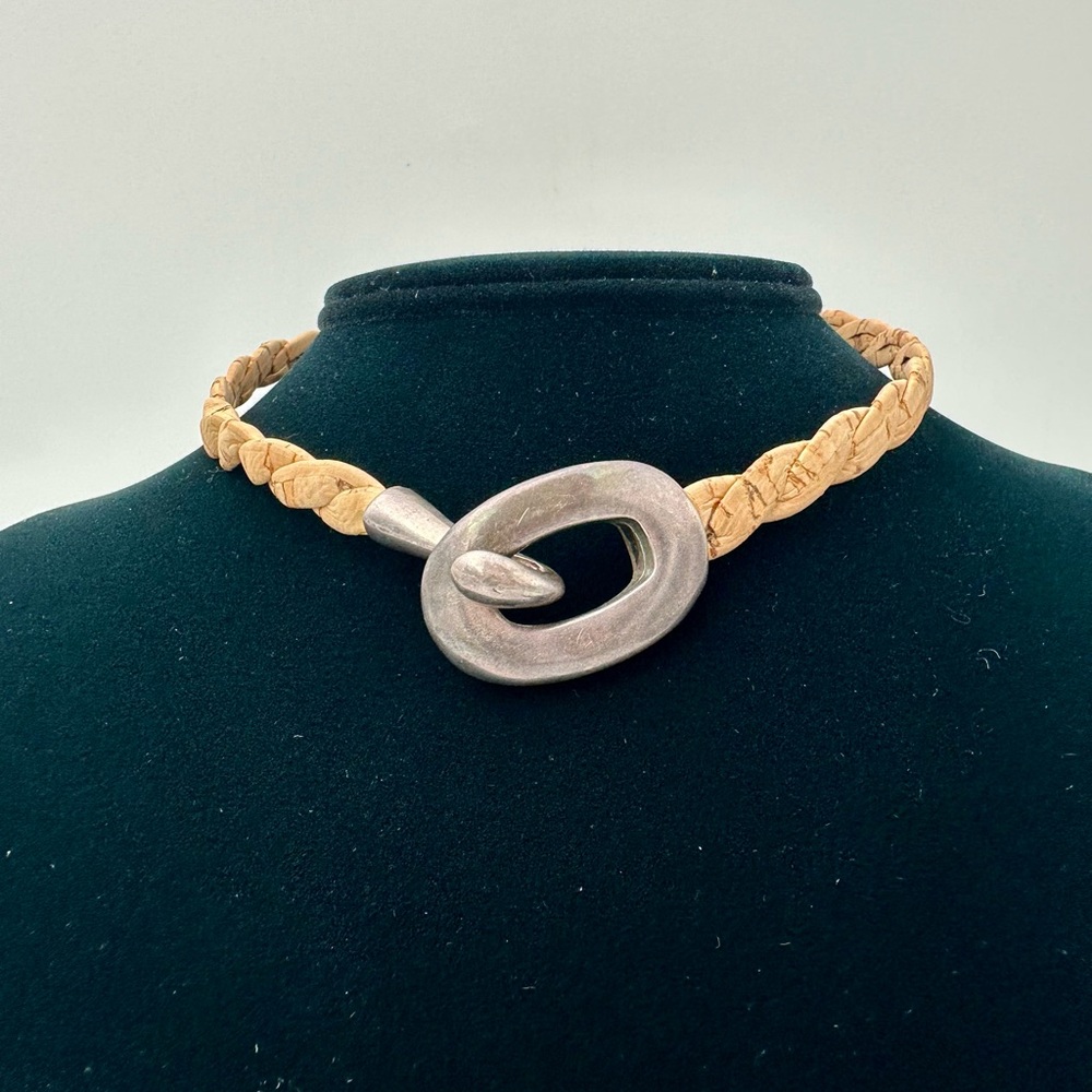 Braided Cork Choker Necklace Natural Tan Silver-Tone Sculptural Clasp 14”